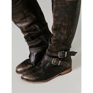 Free People Distressed Dark Brown Leather Buckle Heeled Boots